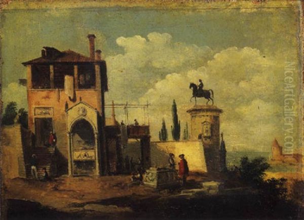 Edificio Rustico Con Cenotafio Gotico, Statua Equestre Di Bartolomeo Colleoni Su Piedistallo Di Fantasia Ed Astanti Presso Una Costa Mediterranea Oil Painting by Giuseppe Bernardino Bison