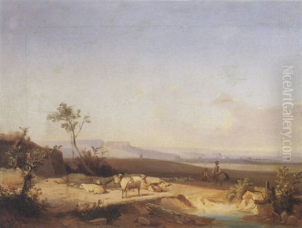 Paesaggio Con Pastore, Gregge E Viandante Oil Painting by Giuseppe Bernardino Bison