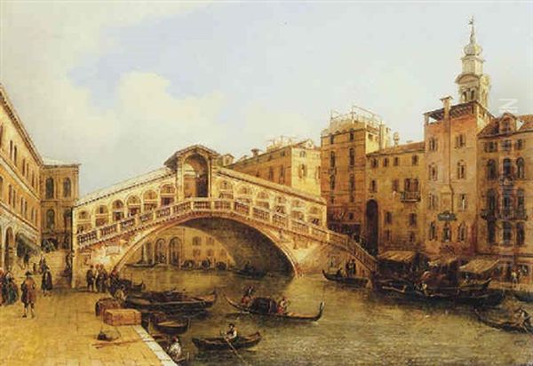 A View Of The Rialto Bridge, Venice, Looking North-east From The Riva Del Vino, With The Campanile Of Santa Maria Formosa Beyond Oil Painting by Giuseppe Bernardino Bison