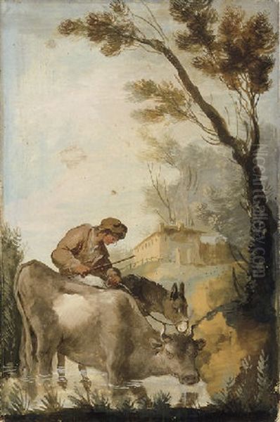 A Shepherd Crossing A Ford With A Cow And A Donkey, A Farmhouse Beyond Oil Painting by Giuseppe Bernardino Bison