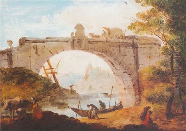 A View Of A Classical Bridge With Workmen And Other Figures On The Riverbank In The Foreground Oil Painting by Giuseppe Bernardino Bison