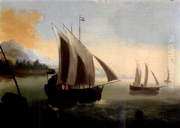 Dutch Merchant Ships Off A Rocky Coastline With Fishermen In The Foreground Oil Painting by Giuseppe Bernardino Bison