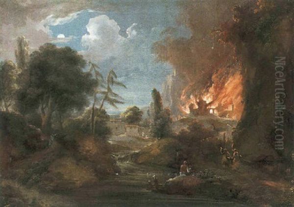 Paesaggio Fluviale Con Casolare In Fiamme Sullo Sfondo Oil Painting by Giuseppe Bernardino Bison