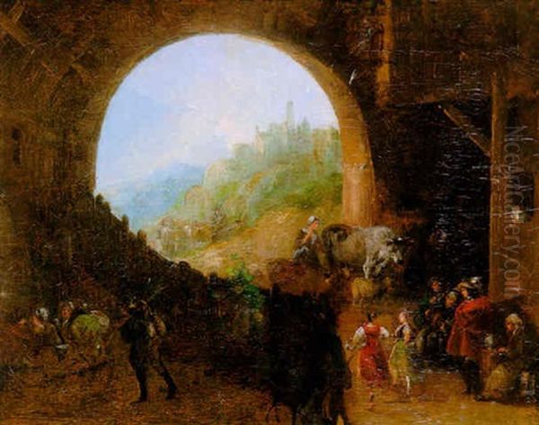 Paysans Et Leur Troupeau Se Reposant Sous Une Arcade Oil Painting by Giuseppe Bernardino Bison