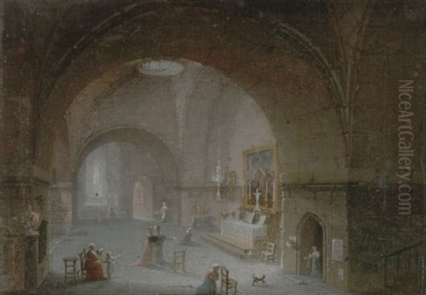 Church Interior With Figures Praying At An Altar Oil Painting by Giuseppe Bernardino Bison