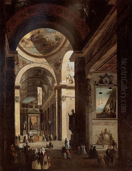 A Capriccio View Of The Interior Of The Church Of Santa Maria Della Passione, Milan, With Many Figures Oil Painting by Giuseppe Bernardino Bison