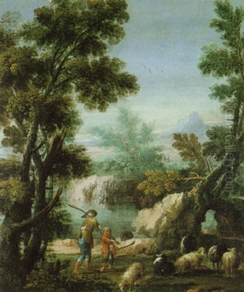 Paesaggio Fluviale Con Figure Oil Painting by Giuseppe Bernardino Bison