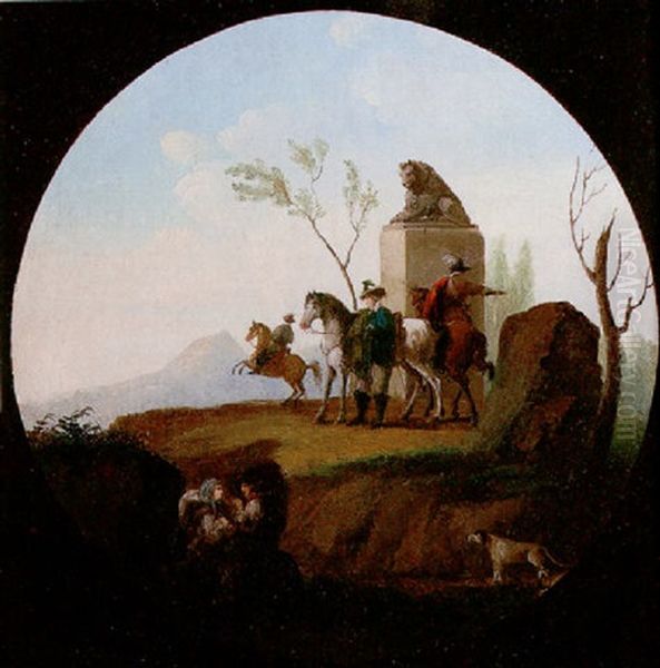 A Mountainous Landscape With Riders Before A Monument Of A Lion Oil Painting by Giuseppe Bernardino Bison