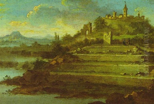 Venezianische Landschaftphantasie Mit Einer Bergstadt, Ruinen Und Zwei Pilgern Oil Painting by Giuseppe Bernardino Bison