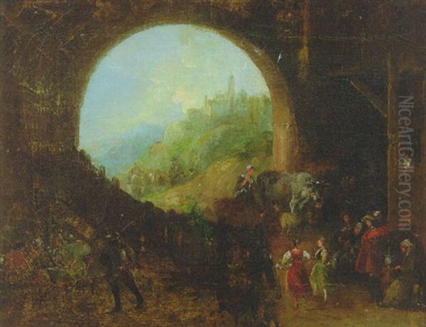 Peasants Drinking And Merrymaking In A Barn, A Hilly Landscape Beyond Oil Painting by Giuseppe Bernardino Bison