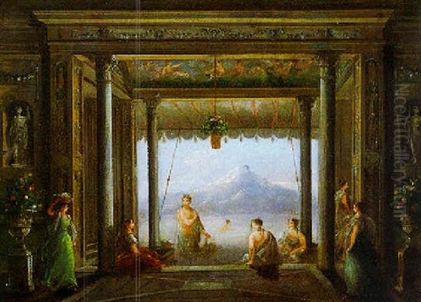 Ladies In An Elegant Bath House On A Lake Oil Painting by Giuseppe Bernardino Bison