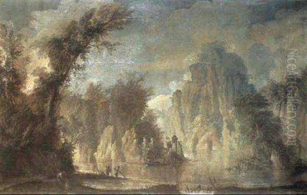 Paesaggio Lacustre Con Alte Montagne Ed Alberi Oil Painting by Giuseppe Bernardino Bison