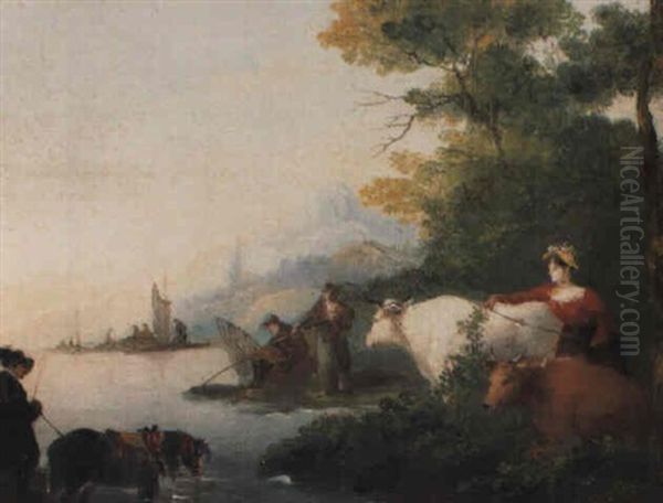 A Milmaid, Fishermen And A Drover On A Riverbank Oil Painting by Giuseppe Bernardino Bison