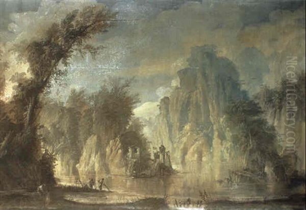 Bewaldete Fluslandschaft Mit Hohen Bergen Oil Painting by Giuseppe Bernardino Bison