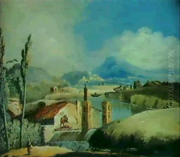 Paesaggio Fluviale Con Viandanti Oil Painting by Giuseppe Bernardino Bison