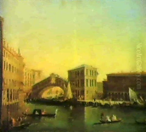 Venice, A View Of The Rialto Bridge....... Oil Painting by Giuseppe Bernardino Bison