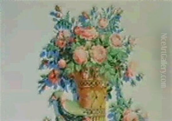 Cestino Di Fiori E Pappagallo Oil Painting by Giuseppe Bernardino Bison