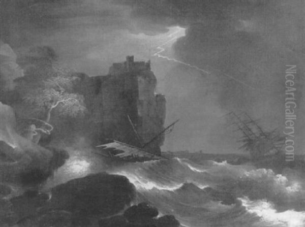 Shipping In A Storm Near A Castle On A Cliff Oil Painting by Giuseppe Bernardino Bison