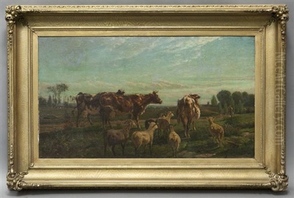 Cows Grazing In The Field Oil Painting by Henry Collins Bispham