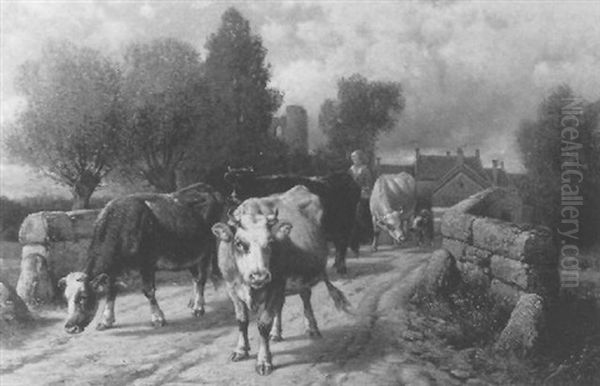 Troupeau De Vaches Traversant Un Pont Oil Painting by Henry Collins Bispham