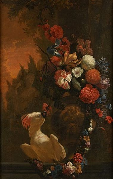 Perroquet Sur Fond De Paysage Architectural Avec Bouquet Fleuri En Avant-plan Oil Painting by Abraham Bisschop