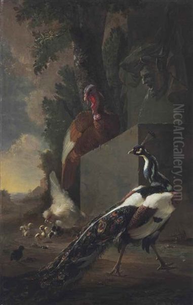 A Turkey, An Ornamental Peacock, A Hen And Four Chicks Before A Stone Fountain In A Wooded Landscape Oil Painting by Abraham Bisschop