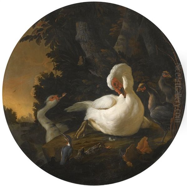 A Mute Swan, A Goose, And Other Fowl On A Wooded River Bank Oil Painting by Abraham Bisschop