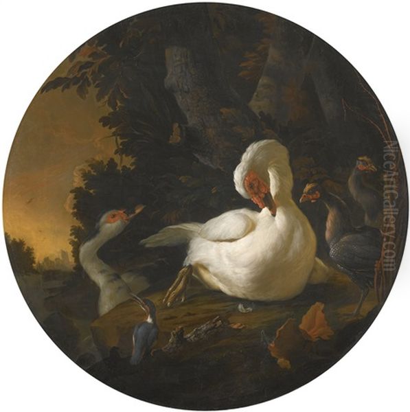 A Mute Swan, A Goose, And Other Fowl On A Wooded River Bank Oil Painting by Abraham Bisschop