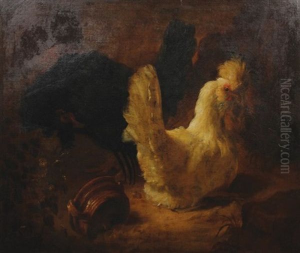 Poultry In A Landscape With An Earthenware Container In The Foreground Oil Painting by Abraham Bisschop