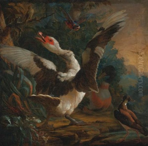 A Goose, A Kingsfisher, And Other Birds In A Landscape Oil Painting by Abraham Bisschop