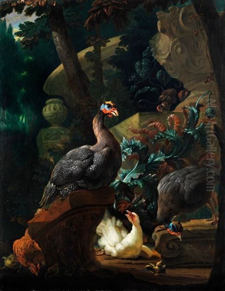 Perlhuhnpaar Mit Kuken Neben Distelblattern Vor Dunkler Waldlandschaft Mit Steinen Und Marmorvase Oil Painting by Abraham Bisschop