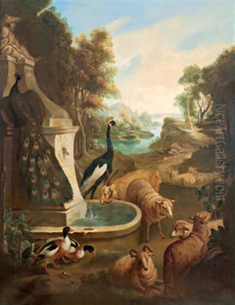 Flusslandschaft Mit Einem Pfauenpaar, Schafen Und Enten An Einem Brunnen Oil Painting by Abraham Bisschop