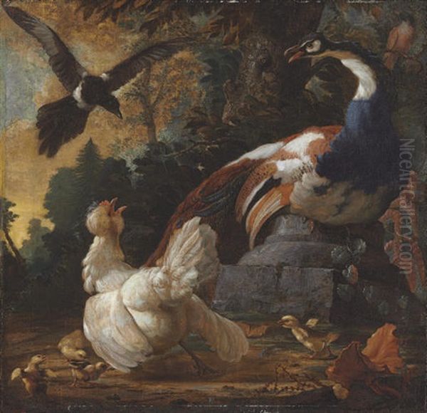 A Peacock, Poultry And A Magpie In A Landscape Oil Painting by Abraham Bisschop