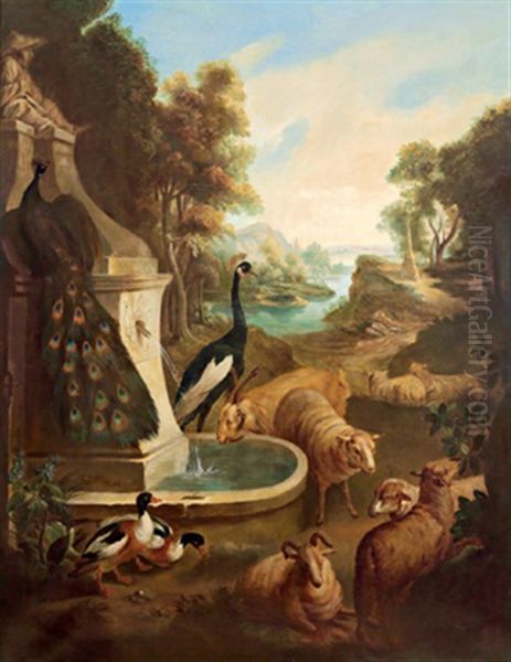 Flusslandschaft Mit Einem Pfauenpaar, Schafen Und Enten An Einem Brunnen Oil Painting by Abraham Bisschop