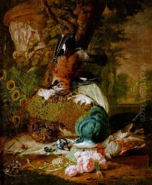 Jagdstilleben Mit Pfau Und Vogeln Vor Weiter Parklandschaft Oil Painting by Abraham Bisschop