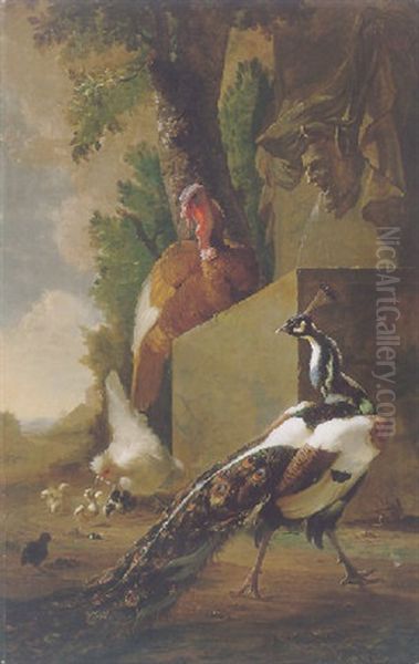 A Peacock, Turkey And Chicken With Her Chicks Beside A Classical Fountain, A Landscape Beyond Oil Painting by Abraham Bisschop