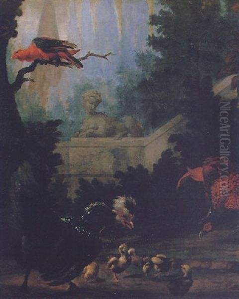 A Peacock, Parrot And Chickens In A Landscape Oil Painting by Abraham Bisschop