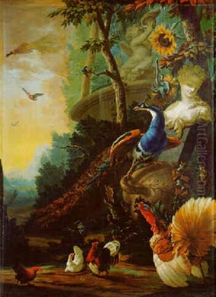 A Peacock On A Fallen Vase By A Marble Female Bust Beside A Stone Fountain And Poultry In A Mountainous Landscape Oil Painting by Abraham Bisschop