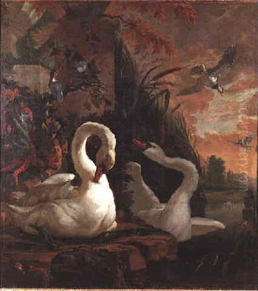 A Mute Swan Preening Itself On The Edge Of A Pond, Whilst Its Companion Regards A Kingfisher Perched On A Bough Above Oil Painting by Abraham Bisschop