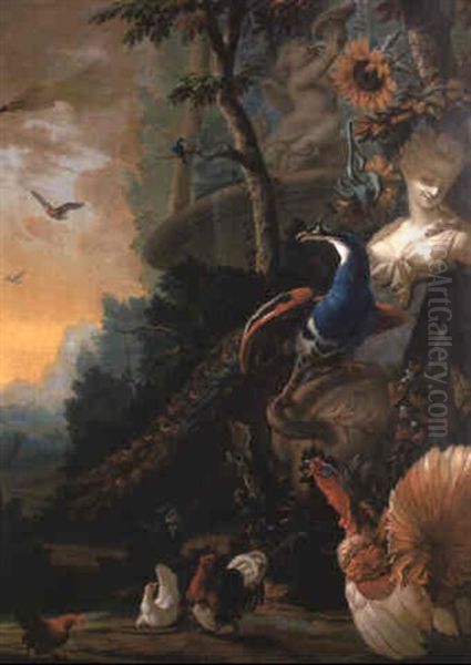 A Peacock On A Fallen Vase Beside A Fountain With Game Birds In A Landscape Oil Painting by Abraham Bisschop