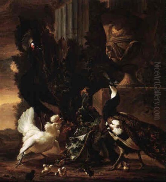 Peacocks And Other Fowl In A Garden With A Stone Urn On A Pedestal Oil Painting by Abraham Bisschop