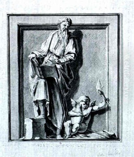 A Design For An Engraving: A Bishop Writing Accompanied By  A Putto Carrying A Firebrand, Within A Trompe L'oeuil Frame Oil Painting by Jan de Bisschop