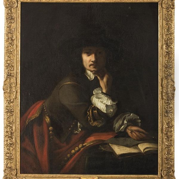 Portrait Of An Artist, Seated Holding A Brush With Drawing And Book Oil Painting by Cornelis Bisschop