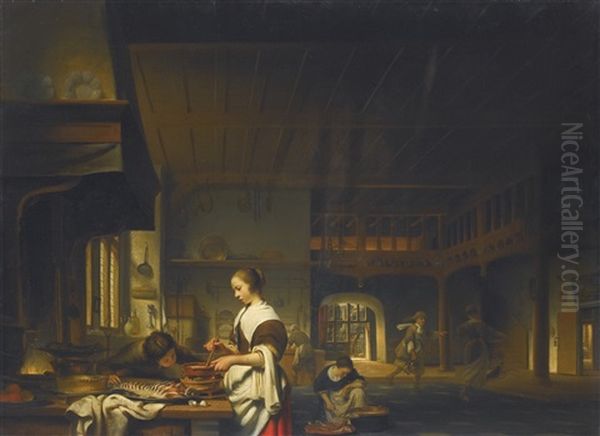 Kitchen Interior With A Woman Cooking And A Boy Blowing Flames Oil Painting by Cornelis Bisschop