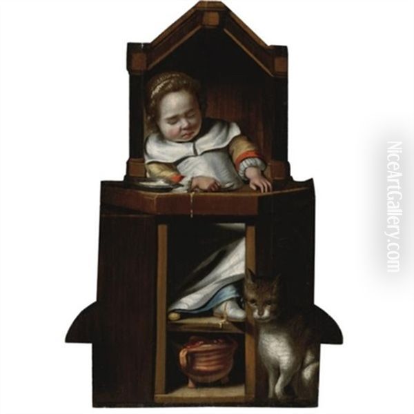 A Boy Asleep In His High Chair Oil Painting by Cornelis Bisschop