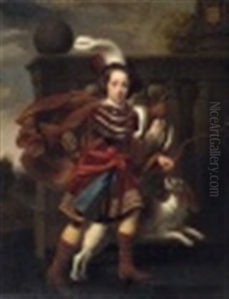 Portrat Eines Hofischen Knaben In Jagdkleidung (wohl James Scott Von Monmuth Und Buccleuch), Begleitet Von Einem King Charles Spaniel Oil Painting by Cornelis Bisschop