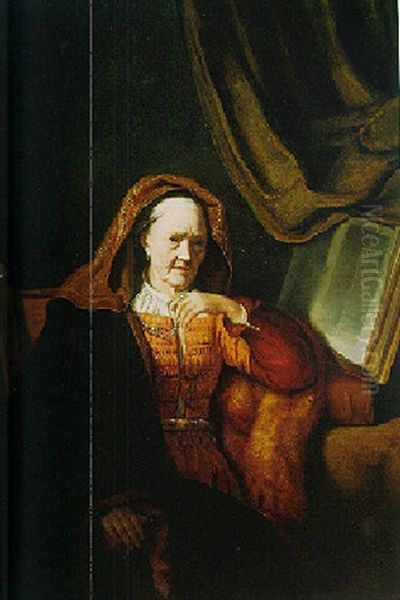 Portrait Of An Old Woman Reading Holding A Pearl Necklace Oil Painting by Cornelis Bisschop