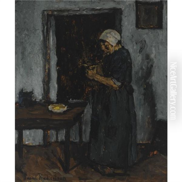 A Peasant Woman Cutting Bread Oil Painting by Suze Bisschop-Robertson