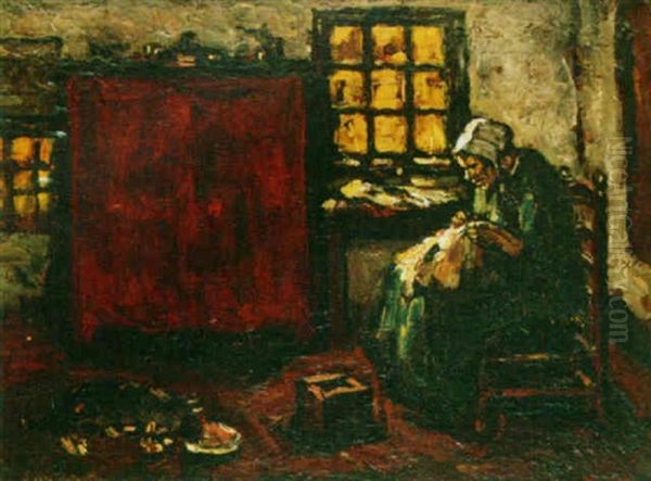 A Peasant Woman In An Interior Oil Painting by Suze Bisschop-Robertson