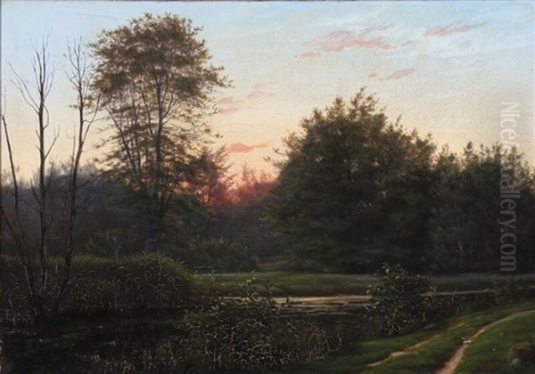 A Forest Lake At Sunrise Oil Painting by Rudolf Bissen